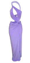 Load image into Gallery viewer, Lavender evening gown with a draped design on a white background